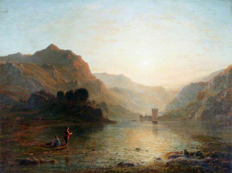 Historisches Gemälde: Ein Junge angelt an einem See vor Bergkulisse