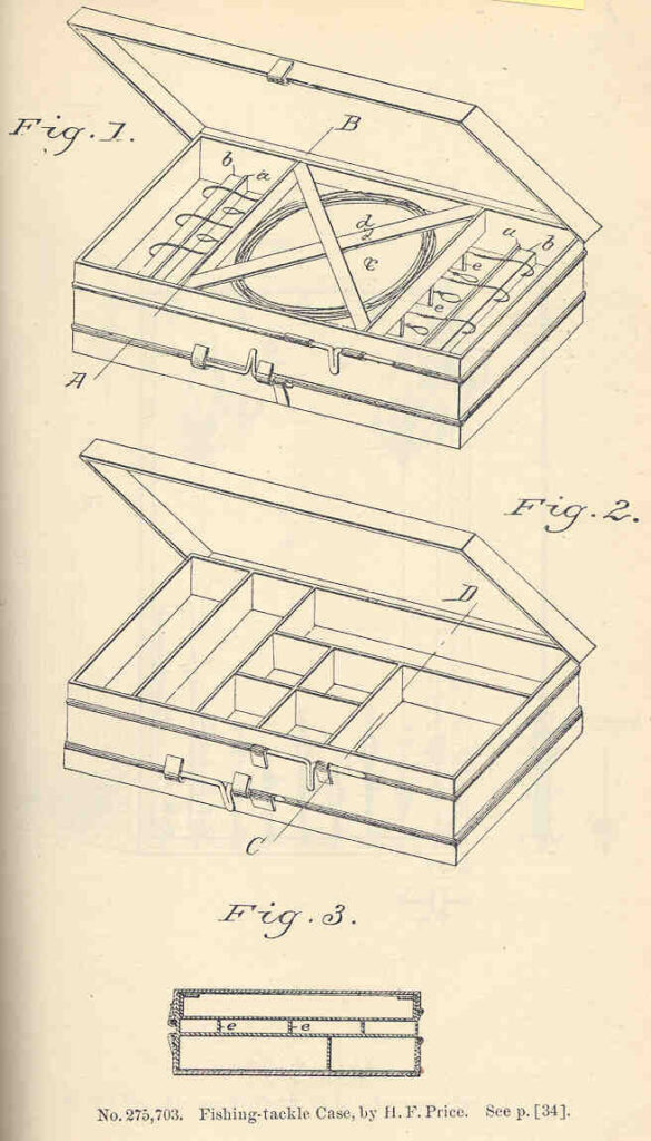 Historische Illustration eines Angelgerätekoffers